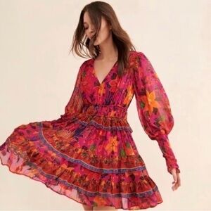 Farm Rio tropical tapestry tiered puff mini dress